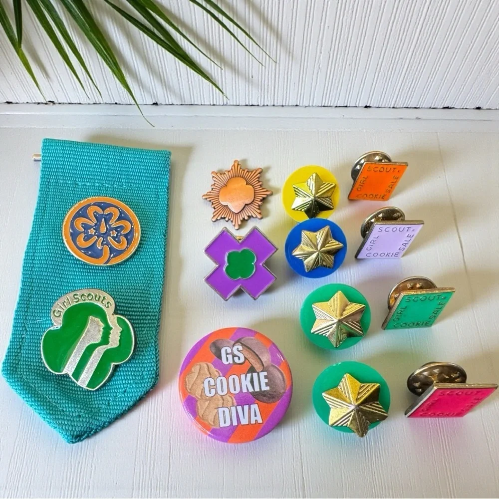 Vintage Girl Scouts Pin & Badge Lot | Cookie Sale Pins, Stars, Banner